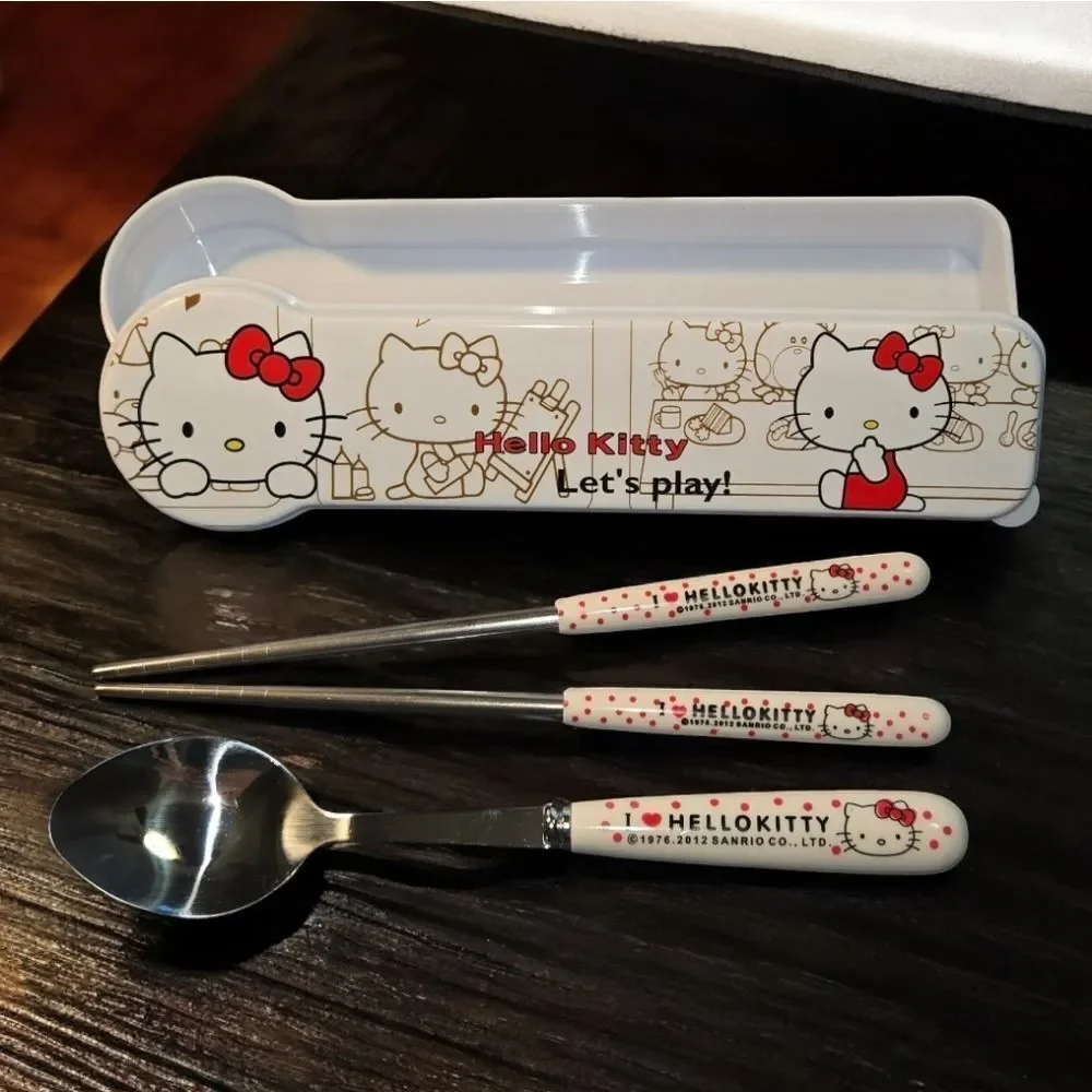 Hello Kitty Chopsticks Spoon Set Travel Case Kawaii Lunch Utensils 4pc NWT